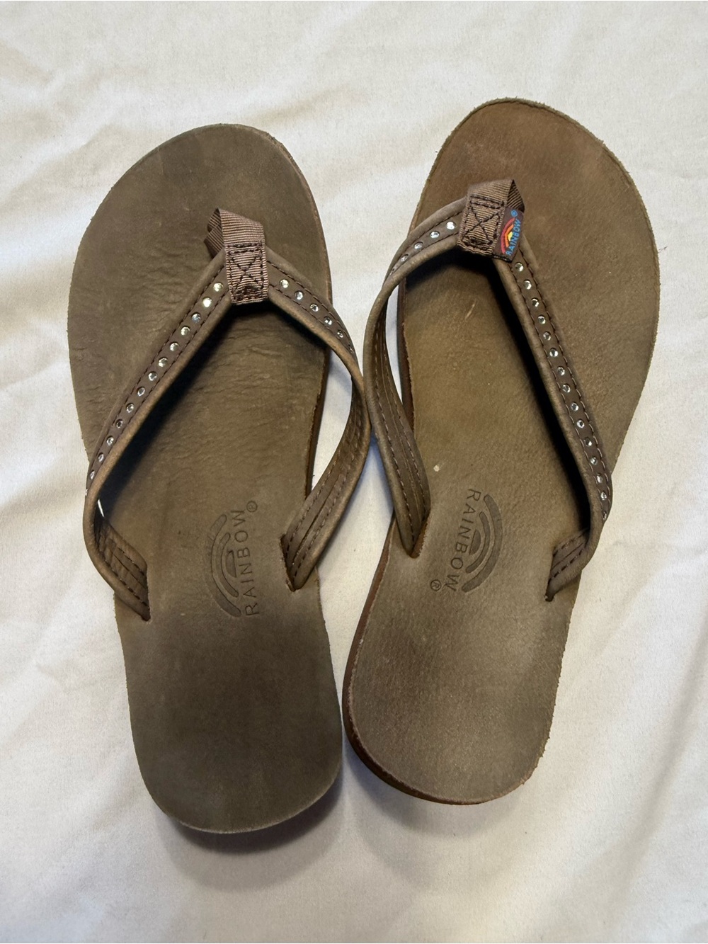 Rainbow Kids Brown Studded Leather Flip Flops